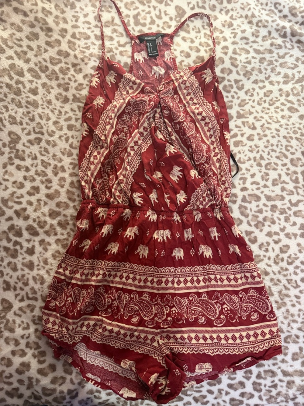 Forever 21 Red and Cream Elephant Print Romper